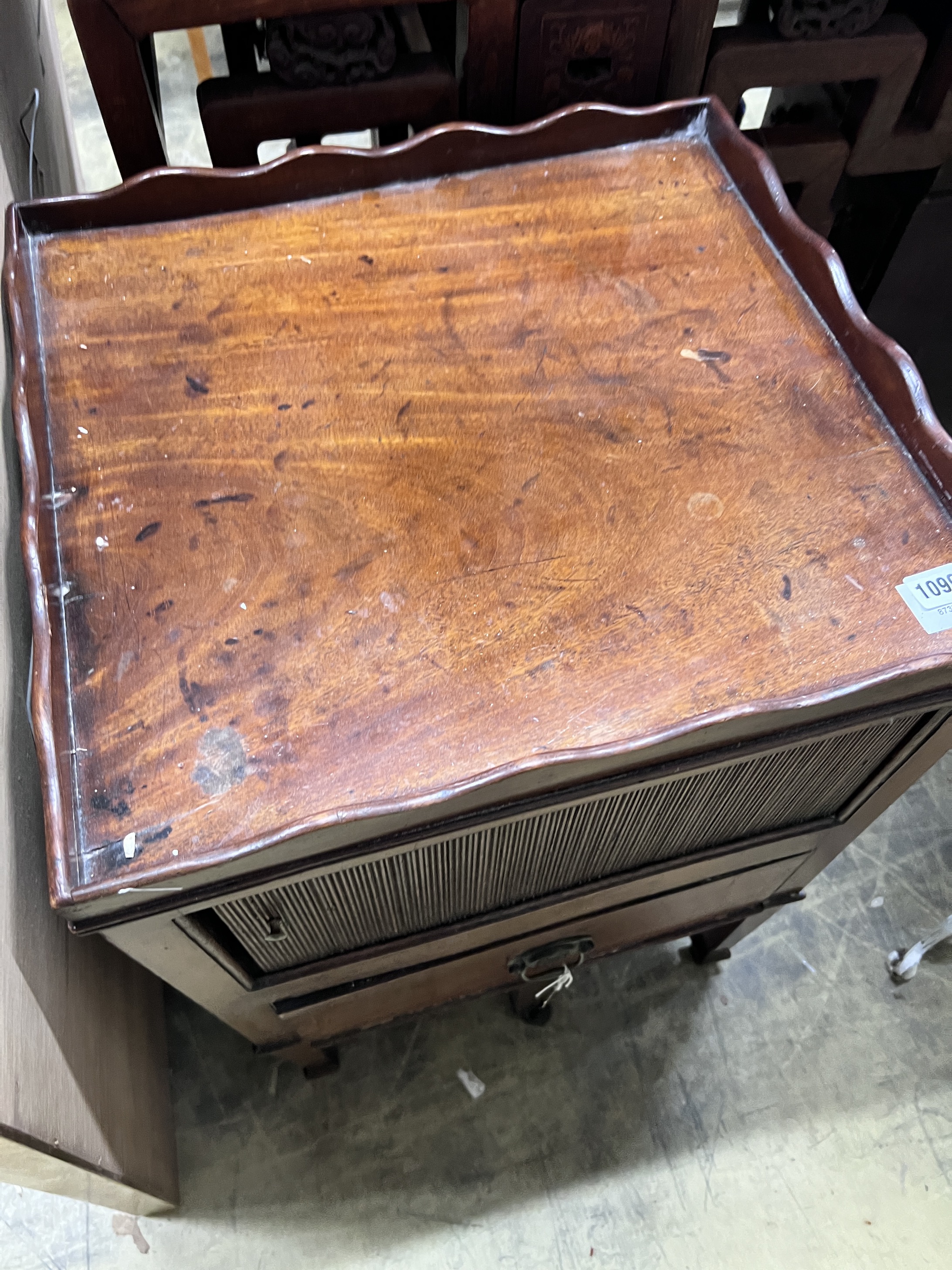 A George III mahogany tambour bedside cabinet, width 49cm, depth 46cm, height 76cm